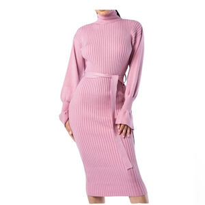 Sweater dress belted turtleneck. Long bell sleeve.